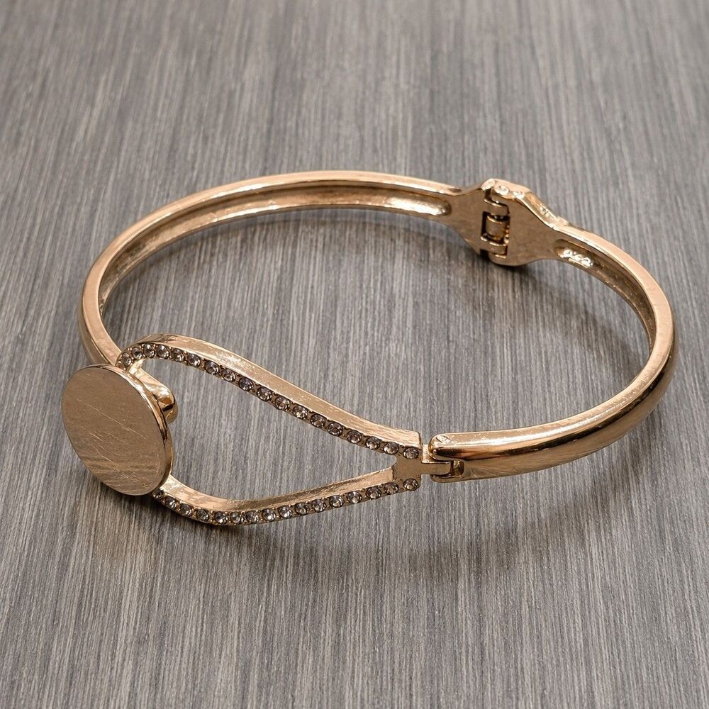 Rose Gold Tone Crystal Rhinestone Hinged Bangle Bracelet Blank Disc Womens 16.8g